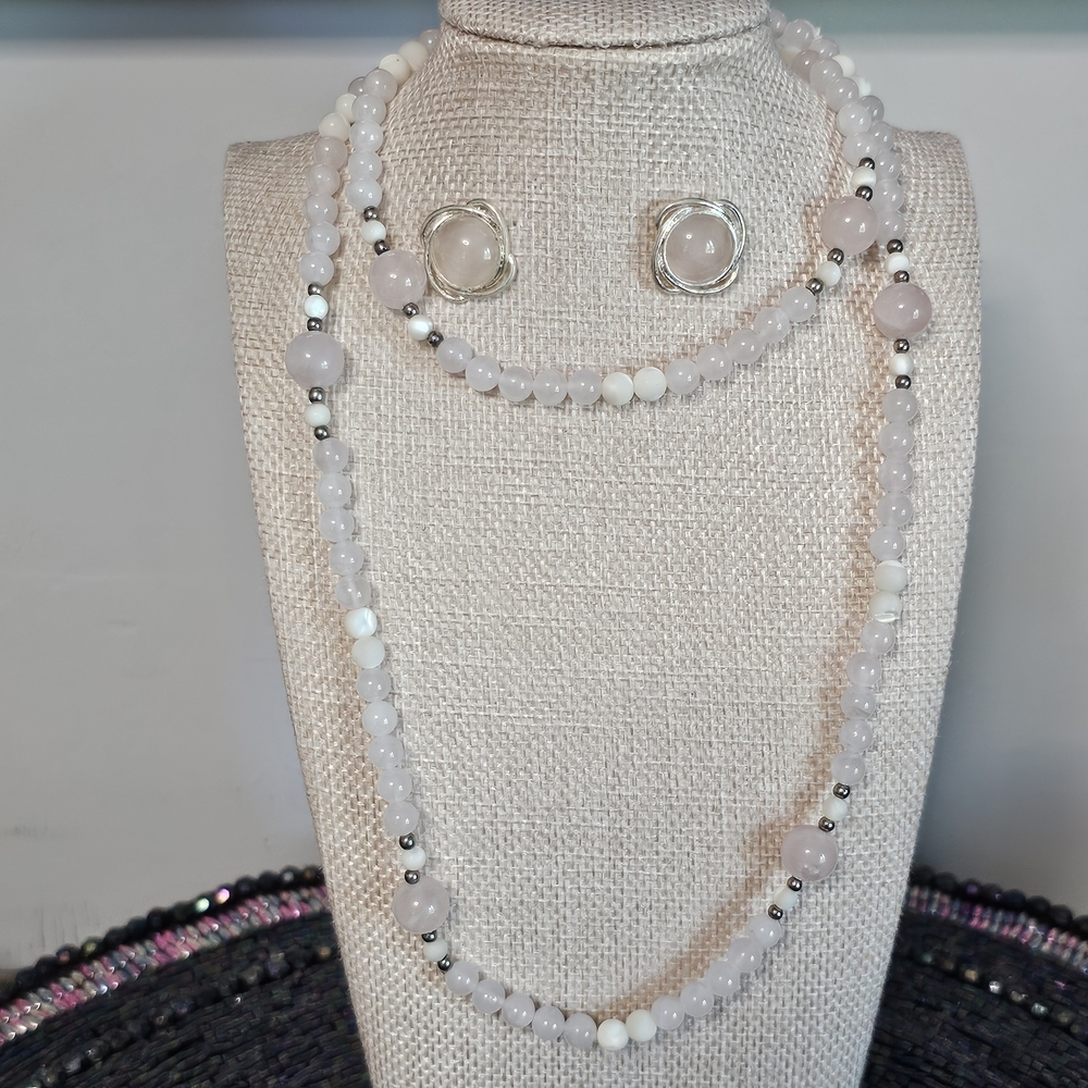 Elegant Rose Quartz & White w/ 925 Beads and Earrings Necklace‎ Set